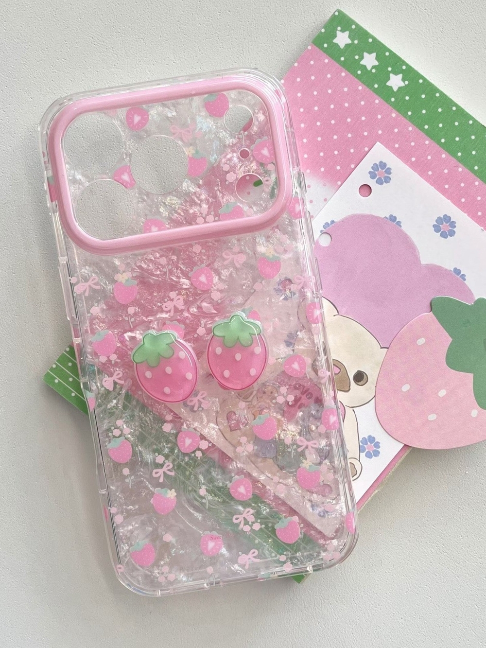 Pink Strawberry Clear Glitter Phone Case with Dual Pop Grips